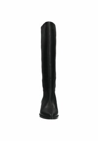 Bottes en cuir noires au-dessus du genou avec un bout rond et une texture lisse, présentant un design élégant et des détails minimalistes.