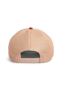Light peach mesh baseball cap with a red button on top, an adjustable plastic strap at the back, and a smooth inner lining.