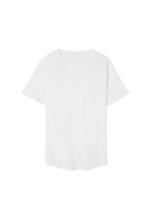 Biała koszulka z krótkim rękawem wykonana z miękkiego, lekkiego materiału. Posiada okrągły dekolt i luźny krój z lekko zaokrąglonym dołem.