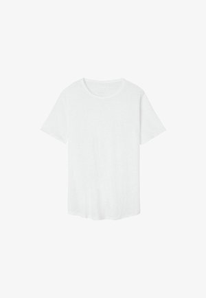 Witte t-shirt met korte mouwen, gemaakt van een zacht, lichtgewicht materiaal. Heeft een ronde halslijn en een losse fit met een licht afgeronde zoom.
