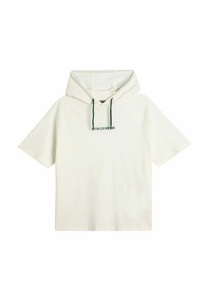 Krótki hoodie z krótkim rękawem w kolorze kremowym, wykonany z miękkiego materiału, z dekoltem na sznurek i haftem "LEPSZE SZCZĘŚCIE NASTĘPNYM RAZEM" w kolorze zielonym.