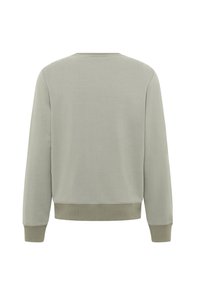 Svetlosivá mikina, zmes bavlny, rebrované manžety a lem, dizajn s okrúhlym výstrihom, jednoduchá a hladká textúra, bez viditeľných vzorov alebo akcentov.