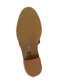 Brown rubber shoe sole with textured surface, rounded toe, and a heel. Features size markings and a circular logo.