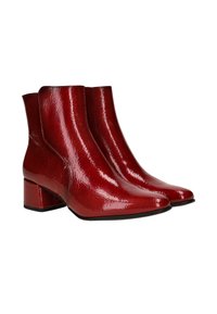 Red patent ankle boots with a glossy finish, featuring a block heel and a pointed toe design for a sleek silhouette.