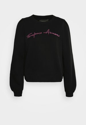 Sort sweatshirt med lange ærmer med puffede ærmer og pink rhinsten-tekstlogo i midten på brystet.