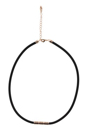 Colier choker din cauciuc negru cu închizători din aur roz, mărgea cilindrică decorativă și lanț reglabil pe un fundal alb.