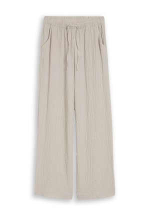 Light beige wide-leg pants with an elastic waistband, adjustable drawstring, side pockets, and a textured fabric finish.