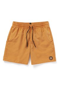 Bañadores de color naranja, con cintura elástica y cordón negro, dos bolsillos laterales y un parche de logo redondo en el lado izquierdo. Textura suave.