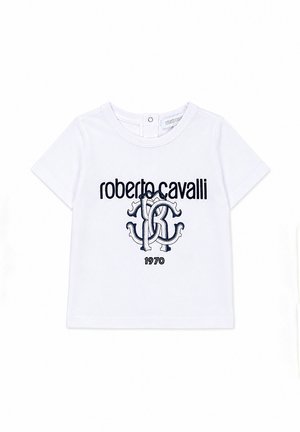 Wit peuter-T-shirt met de tekst ""roberto cavalli"", decoratief verweven ""RC"" logo en ""1970"" gedrukt eronder middenvoor.