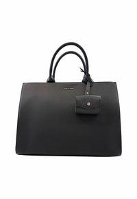 Borsa a mano in pelle sintetica nera con texture liscia, forma strutturata, doppi manici e una piccola pochette removibile attaccata da una tracolla.