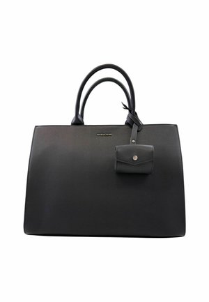 Borsa a mano in pelle sintetica nera con texture liscia, forma strutturata, doppi manici e una piccola pochette removibile attaccata da una tracolla.