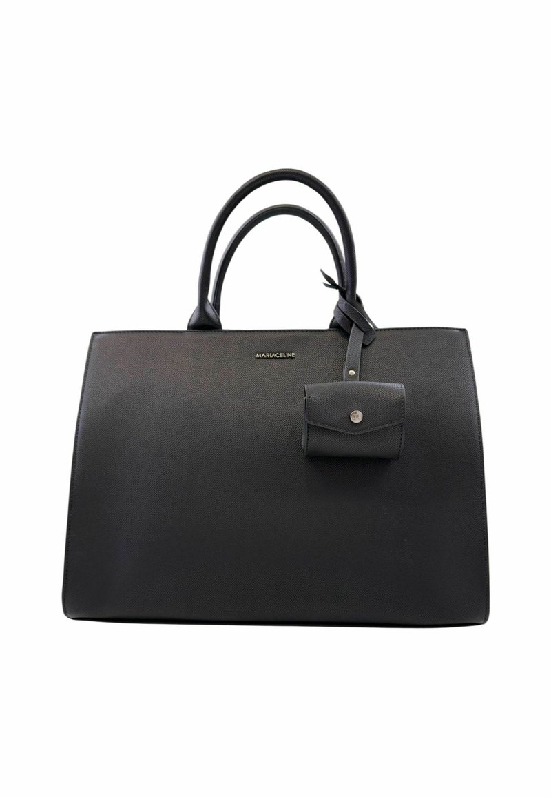 Borsa a mano in pelle sintetica nera con texture liscia, forma strutturata, doppi manici e una piccola pochette removibile attaccata da una tracolla.