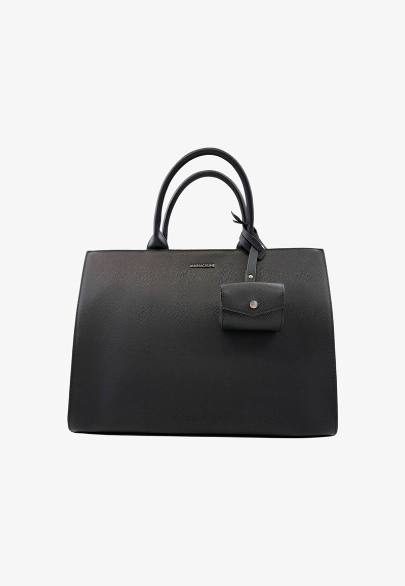 Borsa a mano in pelle sintetica nera con texture liscia, forma strutturata, doppi manici e una piccola pochette removibile attaccata da una tracolla.