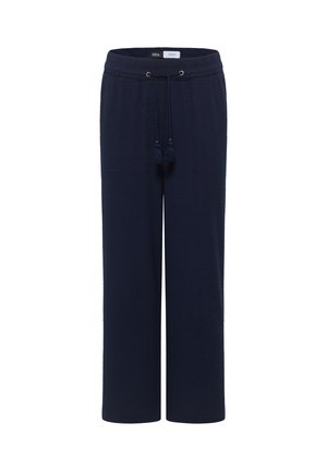 Pantalon large bleu marine en tissu texturé avec taille à cordon et extrémités à pompons.