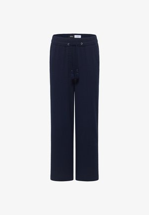 Pantalon large bleu marine en tissu texturé avec taille à cordon et extrémités à pompons.