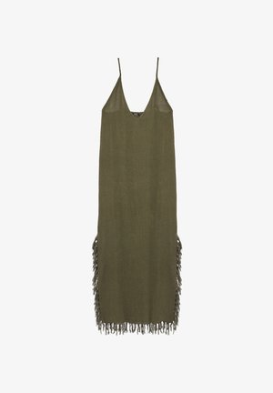 Oliwkowa sukienka z dekoltem w kształcie litery V i cienkimi ramiączkami. Posiada frędzle wzdłuż boków. Wykonana z lekkiej, teksturowanej tkaniny.