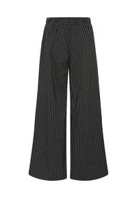 Black wide-leg pants with a vertical white pinstripe pattern. Features an elastic waistband and soft fabric texture.