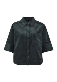 Dark green corduroy shirt with a button-up front, point collar, short sleeves, and a chest pocket. Textured fabric with a soft finish.