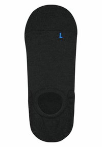 Schwarze Knöchelsocke mit glatter Textur, ausgestattet mit verstärktem Zehen- und Fersenbereich sowie einem blauen "L"-Etikett zur Größenanzeige.