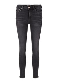 Zwarte skinny jeans met een hoge taille, gemaakt van rekbare denim, met subtiele vervaging en rauwe randen. Klassiek vijf-pocket ontwerp.