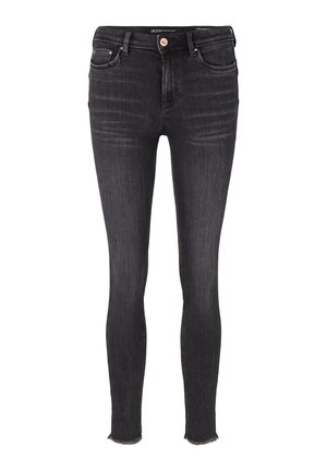 Zwarte skinny jeans met een hoge taille, gemaakt van rekbare denim, met subtiele vervaging en rauwe randen. Klassiek vijf-pocket ontwerp.