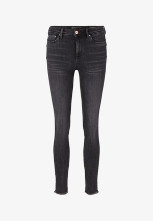 Schwarze Skinny-Jeans mit hoher Taille, aus dehnbarem Denim, mit subtiler Ausbleichung und rohen Säumen. Klassisches Fünf-Taschen-Design.