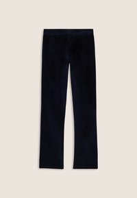 Pantaloni in corduroy blu navy a zampa d'elefante con una texture liscia e una cintura. Non presenta hardware o dettagli visibili. Vista posteriore mostrata.