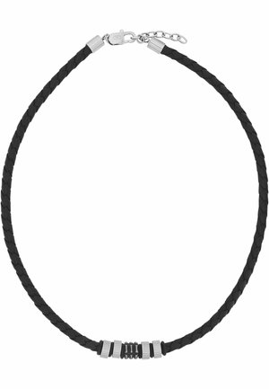 Czarny spleciony skórzany naszyjnik z srebrnym zapięciem i dekoracyjnymi srebrnymi oraz czarnymi koralikami na środku, regulowane przedłużenie łańcuszka.