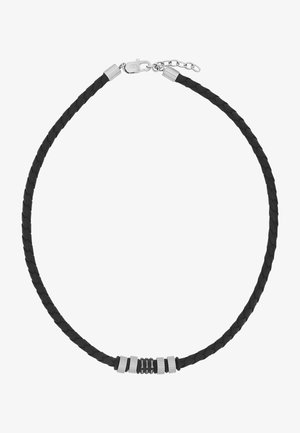 Czarny spleciony skórzany naszyjnik z srebrnym zapięciem i dekoracyjnymi srebrnymi oraz czarnymi koralikami na środku, regulowane przedłużenie łańcuszka.