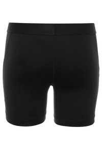 Czarne szorty sportowe wykonane z elastycznej tkaniny. Charakteryzują się gładką teksturą, dopasowanym krojem oraz elastycznym pasem dla komfortu.