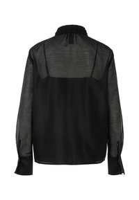 Schwarze durchsichtige Bluse mit langen Ärmeln, Knopfmanschetten und einem strukturierten Kragen. Der Rücken zeigt eine subtile Passe und transparentes Material.
