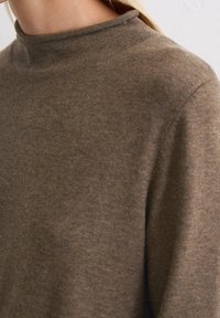 Brauner Rollkragenpullover aus weichem Stoff mit glatter Textur und figurbetontem Schnitt, mit gerippten Details am Kragen.