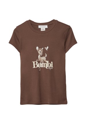 Brown cotton t-shirt featuring a graphic of Bambi with the text "Bambi, Oh deer!" in light cream, round neck, and short sleeves.