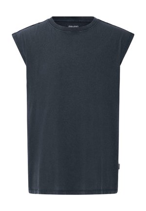 Sötétszürke ujjatlan kerek nyakú póló egyenesen vágott aljjal és enyhén vállpántos ujjakkal, fehér háttéren kiterítve.