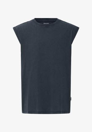 Temno siva majica brez rokavov z okroglim izrezom in ravnim robom ter rahlo kapnimi rokavi, položena na ravno belo ozadje.