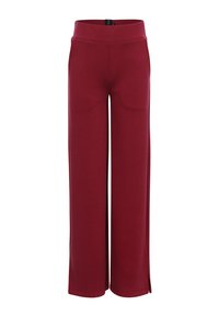 Brede broekspijpen in een diepe bordeauxrode kleur, gemaakt van zachte stof, met een hoge tailleband en zijsplitten dicht bij de zoom.