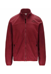 Giacca in pile rossa con zip completa, colletto alto, tasche laterali e un logo nero sul lato sinistro del petto. Tessuto liscio.