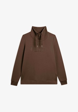 Sweatshirt marron avec un col montant et un cordon de serrage. Présente un logo texturé "FREDDY" avec des détails métalliques à l'avant. Manches longues.