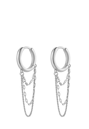 Silberne Creolen mit poliertem Finish, die filigrane Kettenverzierungen an jedem Ohrring aufweisen.