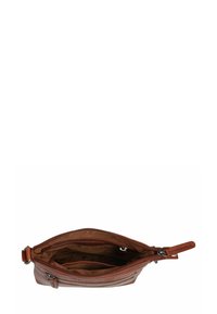 Borsa in pelle marrone con chiusura a zip, dotata di un compartimento interno e di una tasca aggiuntiva, texture liscia e design minimalista.