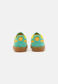 Adidași din suede verde cu accente galbene, o talpă din cauciuc și un toc rotund. Au logo-ul Puma pe spate și pe lateral.