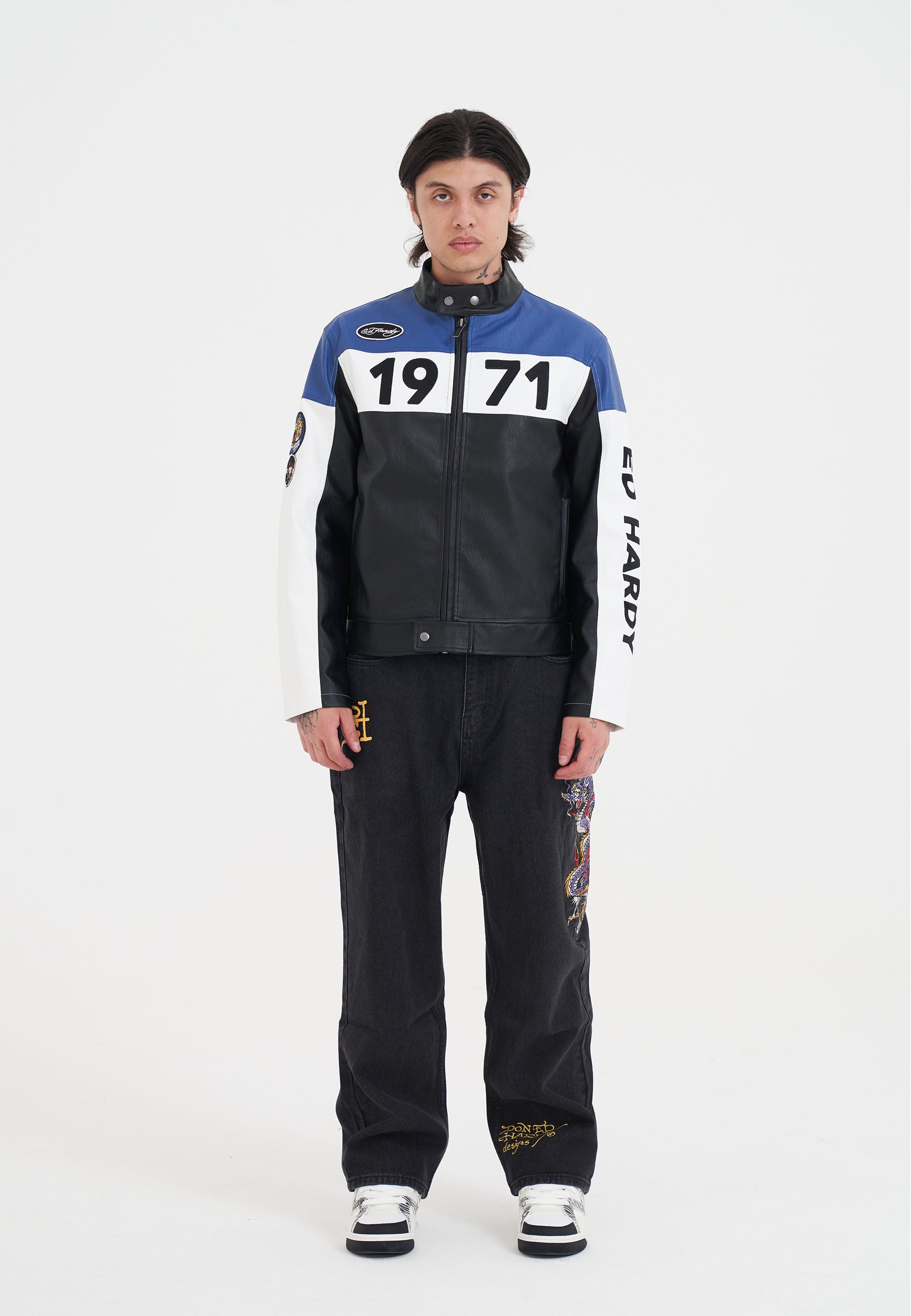 Ed Hardy MOTO BIKER - Faux leather jacket - black blue white/black