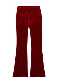Red velvet flared pants with a smooth texture, featuring two back pockets and a fitted waistline. The legs widen from knee to hem.