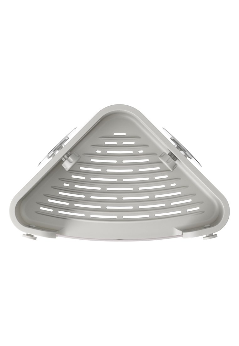 Caddy per doccia a forma di triangolo in plastica grigio chiaro con fessure verticali e attacchi a ventosa per un facile montaggio sulle pareti.