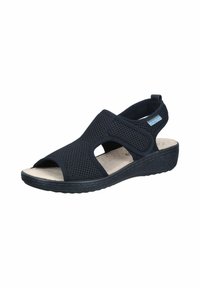 Sorte mesh sandaler med åben tå, sidelukninger, en polstret indersål og en kilehælkonstruktion for ekstra højde og komfort.
