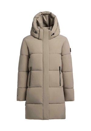 Pufová bunda ve světle béžové barvě, s vysokým límcem, kapucí, zipovými kapsami a prošívanou strukturou s rovného střihu.