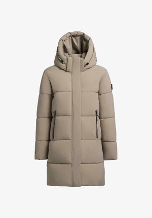 Pufová bunda ve světle béžové barvě, s vysokým límcem, kapucí, zipovými kapsami a prošívanou strukturou s rovného střihu.