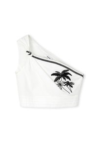 Witte katoenen crop top met één schouder, met een geknoopt detail en zwarte palmboom borduursels. Gestructureerde stof met horizontale stiksels.