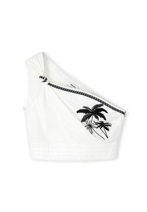 Witte katoenen crop top met één schouder, met een geknoopt detail en zwarte palmboom borduursels. Gestructureerde stof met horizontale stiksels.