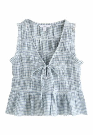 Light blue and white checked sleeveless top with a deep V-neck, gathered texture, and a tie detail at the front. Flared hemline.
